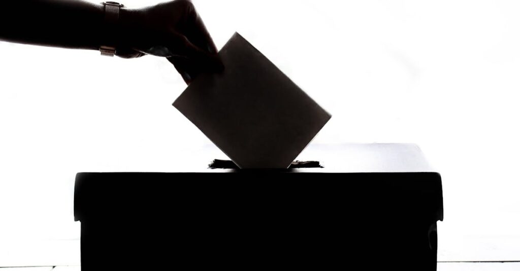 Silhouette of a hand placing a vote into a ballot box, symbolizing democracy.