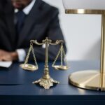 Elegant legal office with a close-up of golden scales of justice on a sleek dark desk.