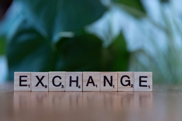 Wooden blocks spelling 'exchange' on a table with a blurred green background.