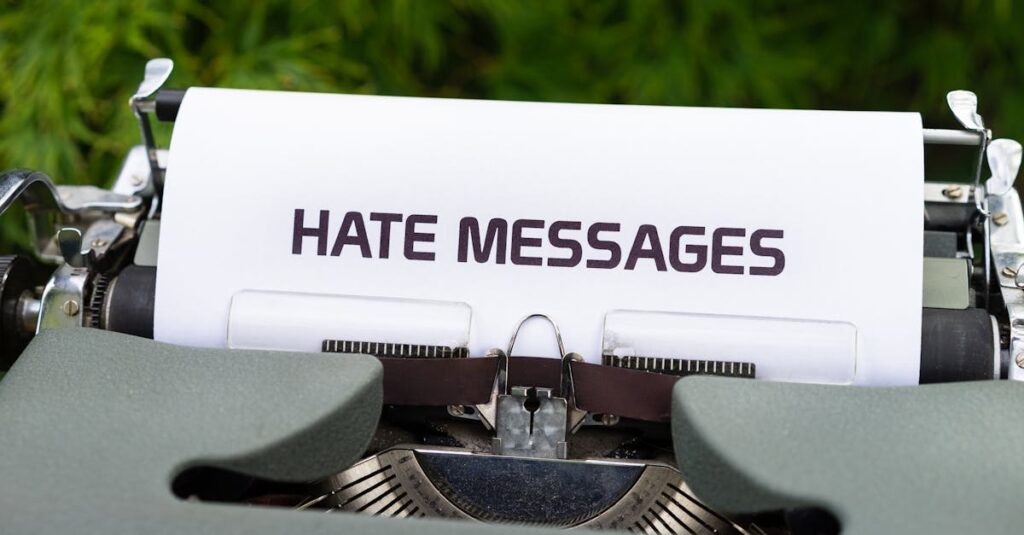 Close-up of a vintage typewriter with paper displaying 'Hate Messages', exploring themes of communication and negativity.