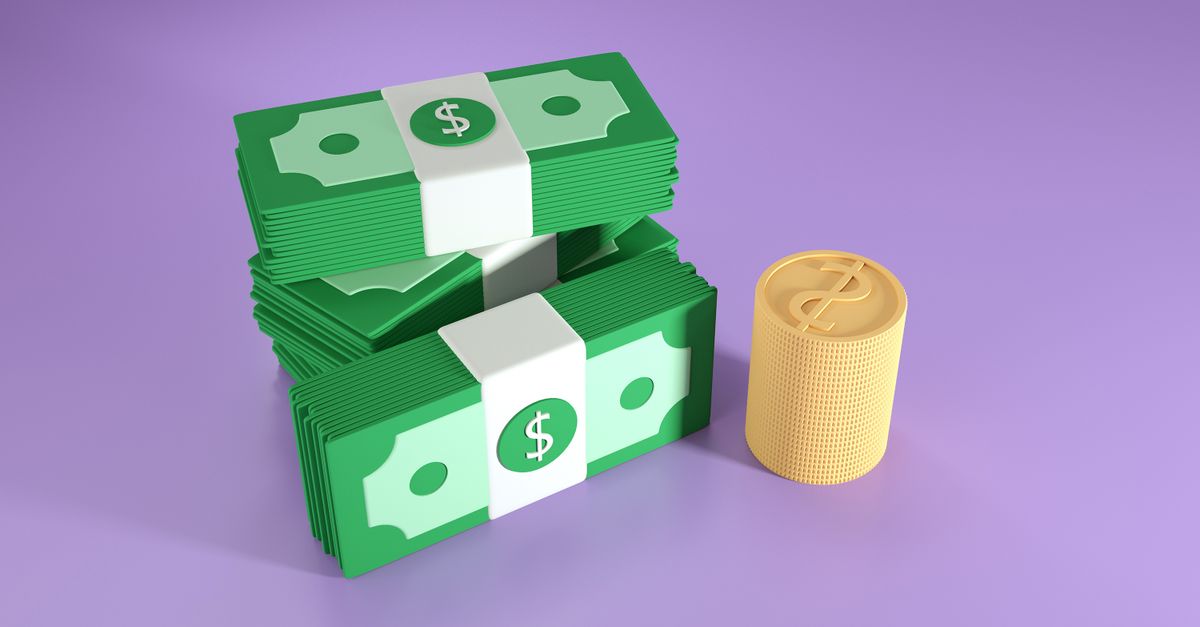 3D illustration of stacked dollar bills and coins, symbolizing finance and wealth.
